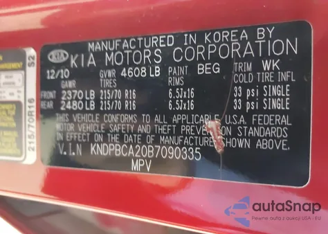 2011 Kia Sportage Lx из США, поврежденный, VIN KNDPBCA20B7090335